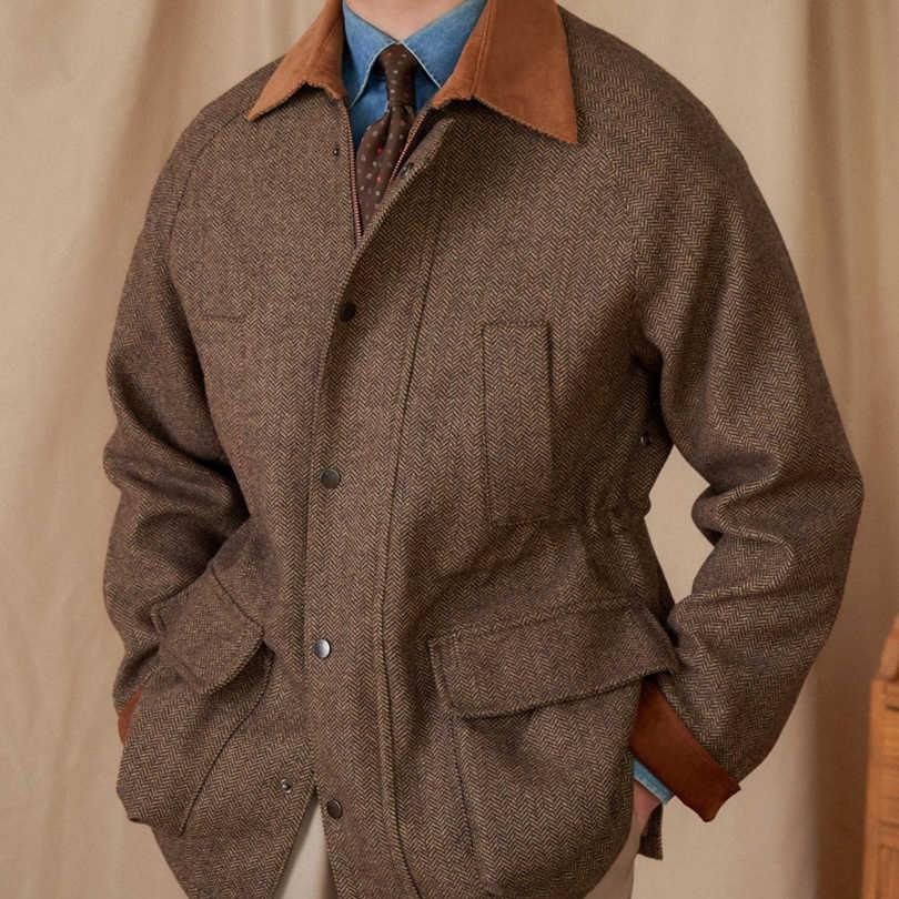 Brown herringbone retro coat with tan collar, button front, and side pockets