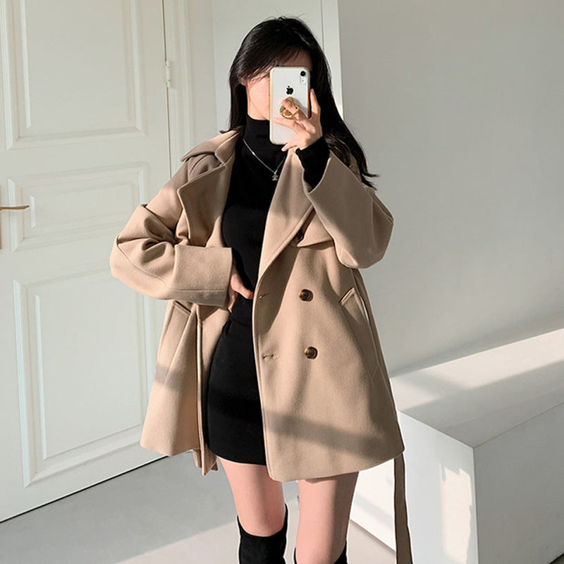 All-match Loose Collar Lace-up Woolen Coat