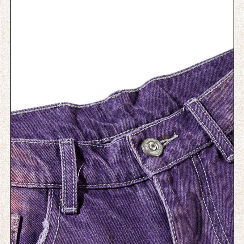 Street Washed Distressed Leg White Purple Color Jeans For Women - WOMONA.COM