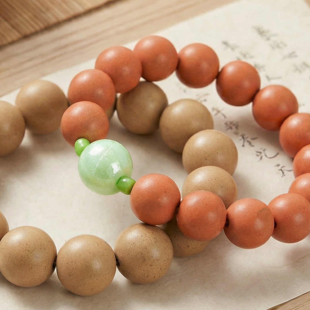 Beaded herbal bracelet with orange and beige round stones and a light green accent bead