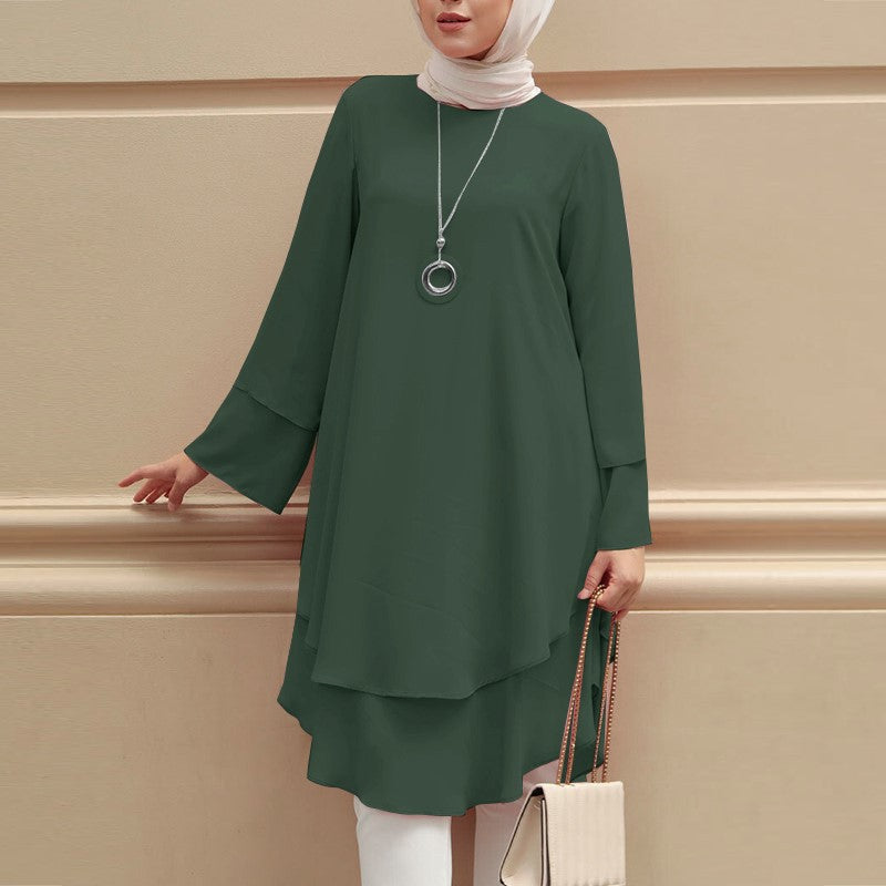 Army green long-sleeve tunic dress top with layered skirt hem and round neckline