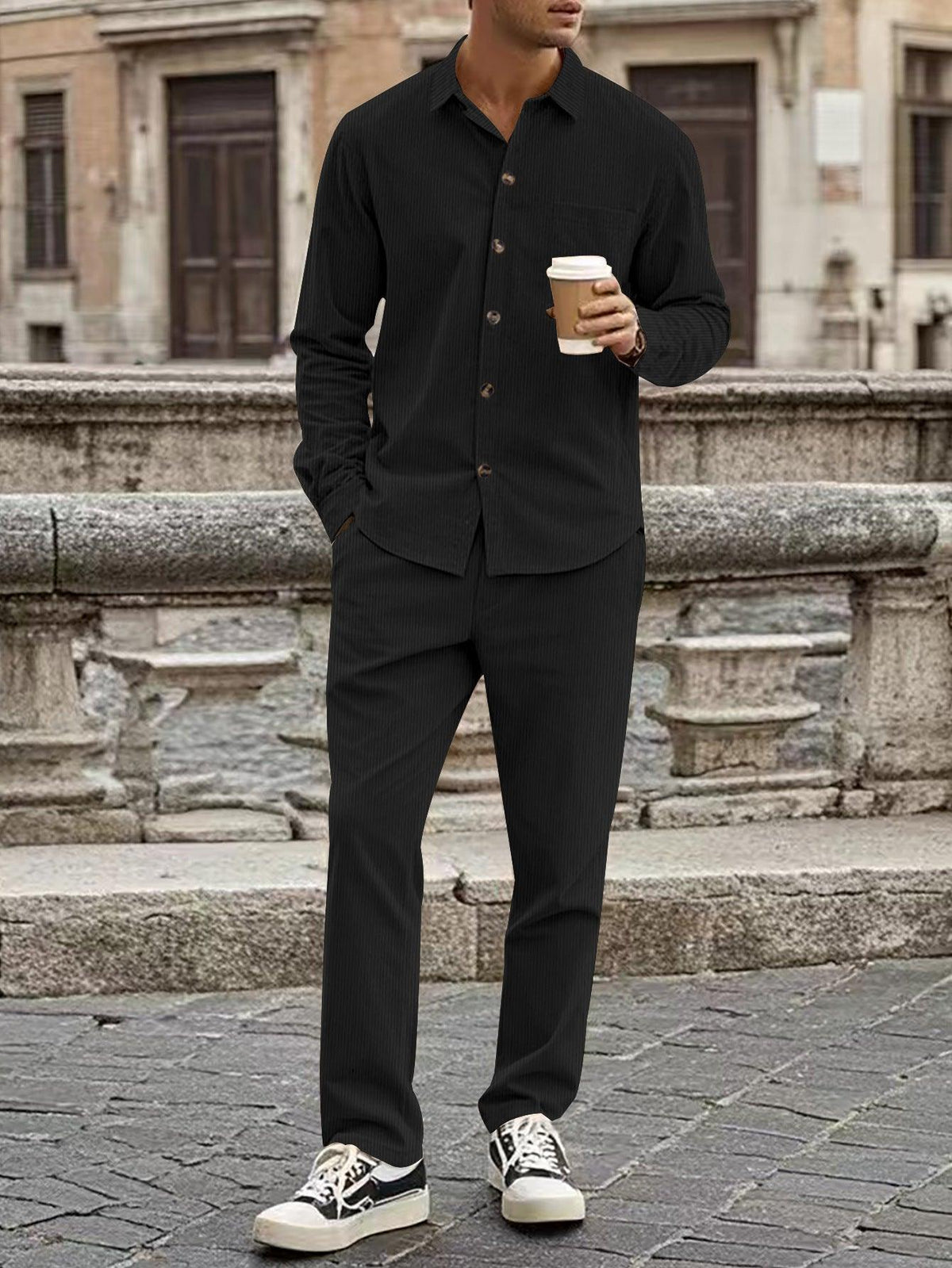 Casual Sports Lapel Long Sleeve Button Cardigan Trousers - WOMONA.COM