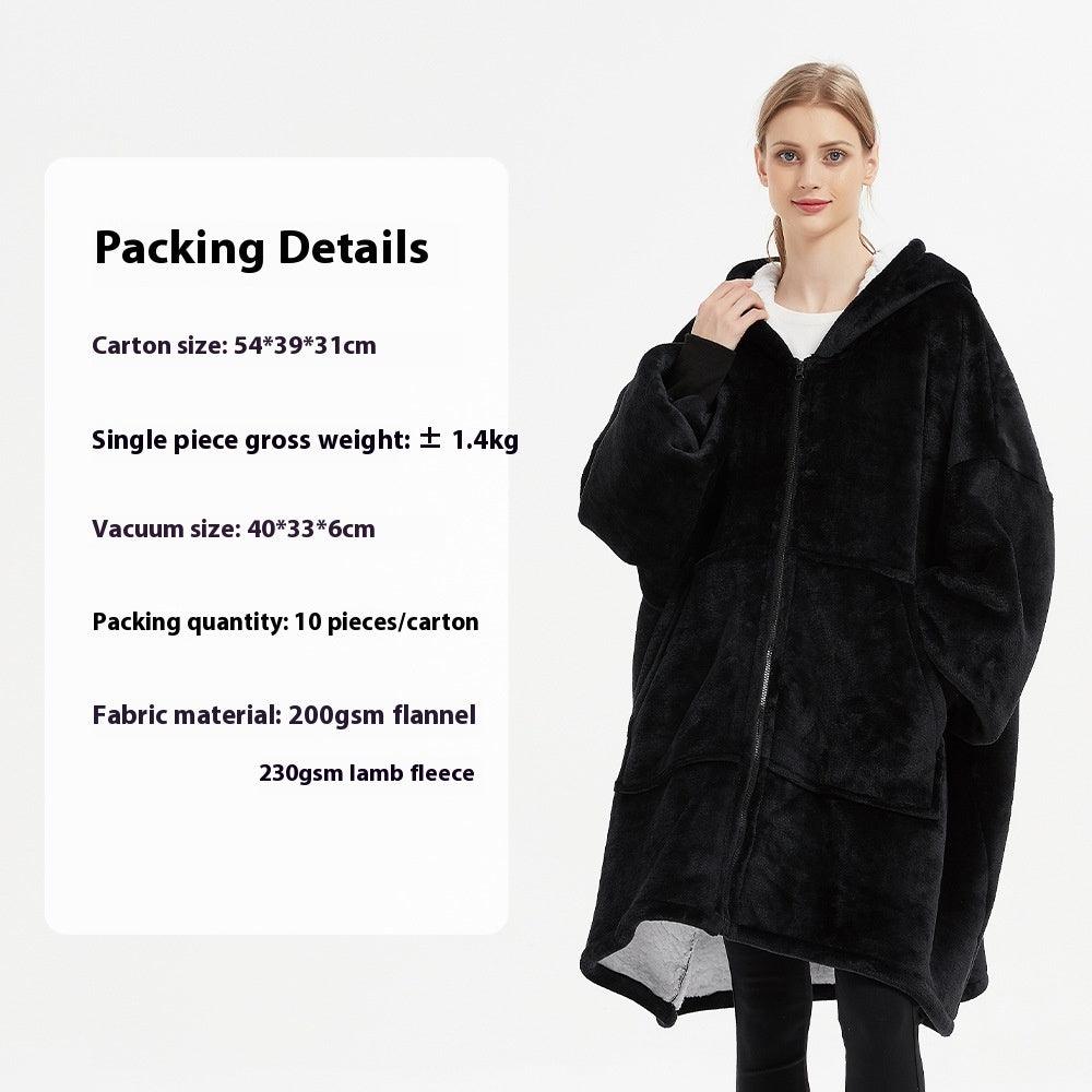 Wearable fleece blanket hoodie with hood, full-zip, and front pockets, black