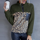 Plush Leopard Print Color Block Casual Sweater - WOMONA.COM