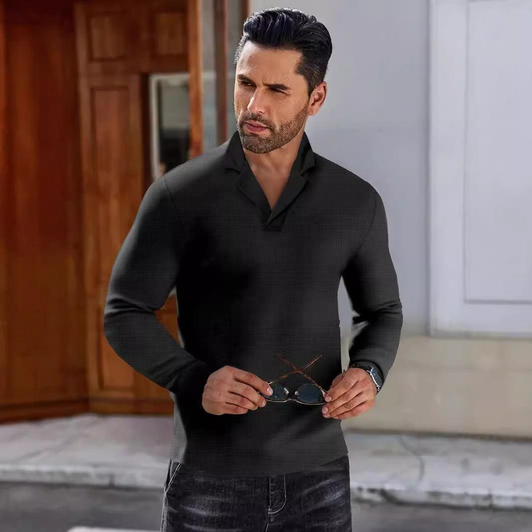 Men's Suit Collar Solid Color Casual Shirt - WOMONA.COM