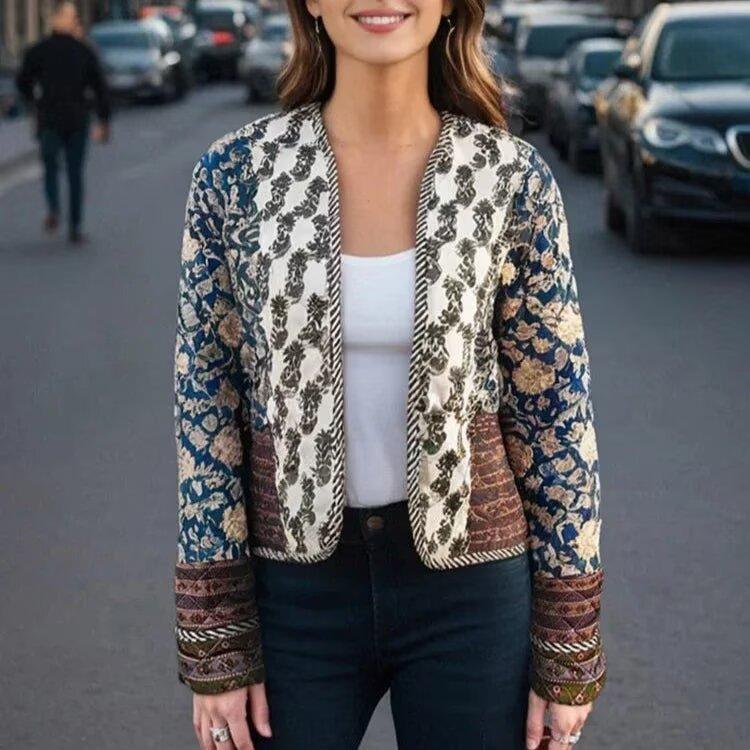 Women's casual double-sided jacket, blue and cream floral print with patterned trim