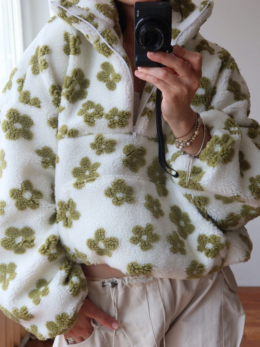 Women's floral zip-neck pocket sweatshirt