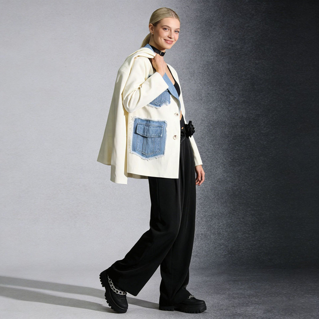 Women's Denim Patchwork Blazer in Apricot
