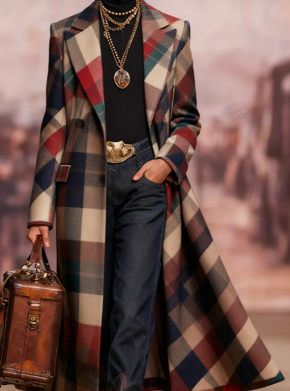 Multicolor plaid long suit coat with notched lapels and long drape