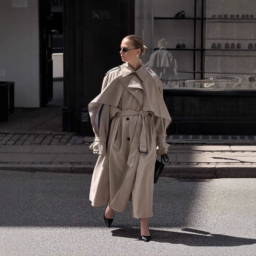 Women's khaki long belted cape trench coat
