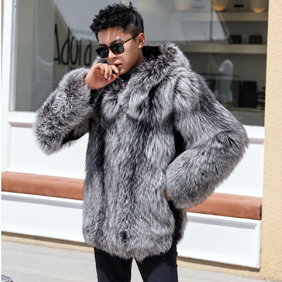 Men's grey faux-fur hooded winter coat