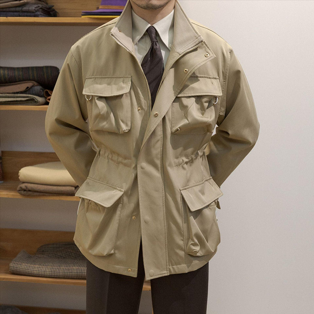 Khaki windproof waterproof baggy coat with flap pockets and button front