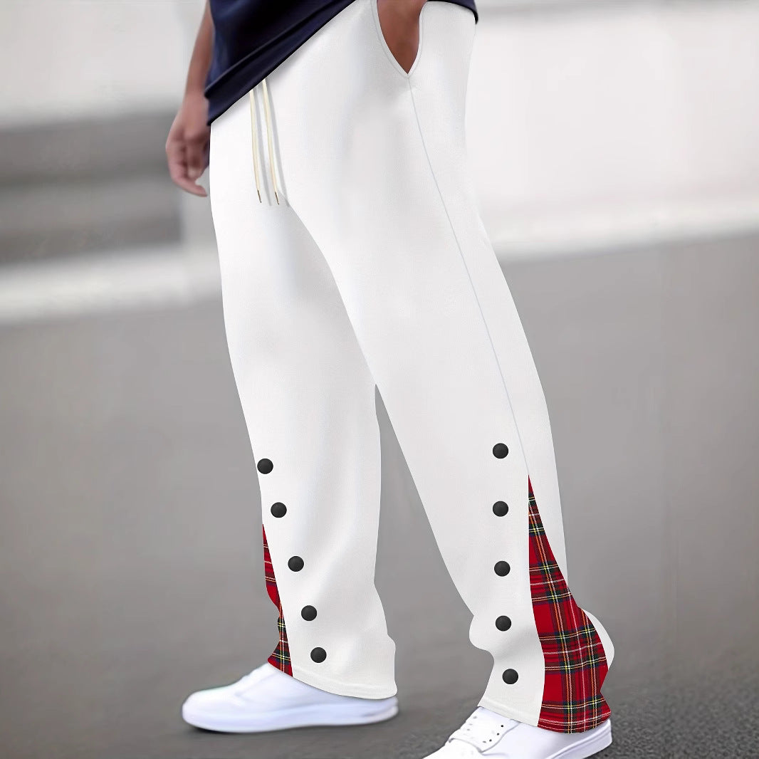White color-block trousers with black dot trims and red tartan side panel