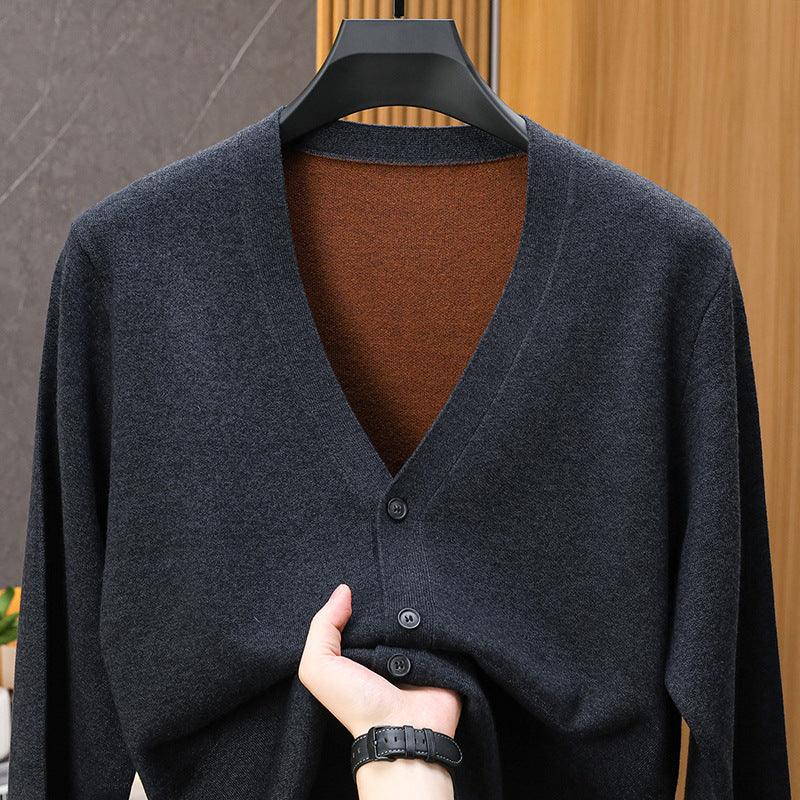 Men's V-neck button cardigan sweater in dark gray, long sleeves