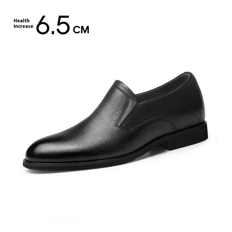 Black leather slip-on dress shoe with embossed vamp, 6.5 cm style height