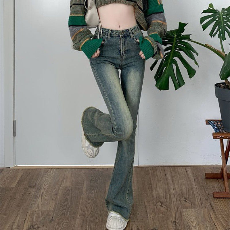 New Raw Hem High Waist Slightly Flared Retro Stretch Jeans - WOMONA.COM