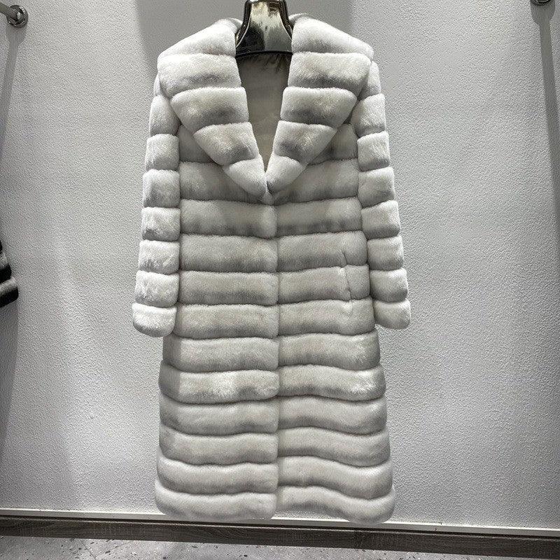 White faux fur jacket with standing collar, horizontal stripe panels, plush finish