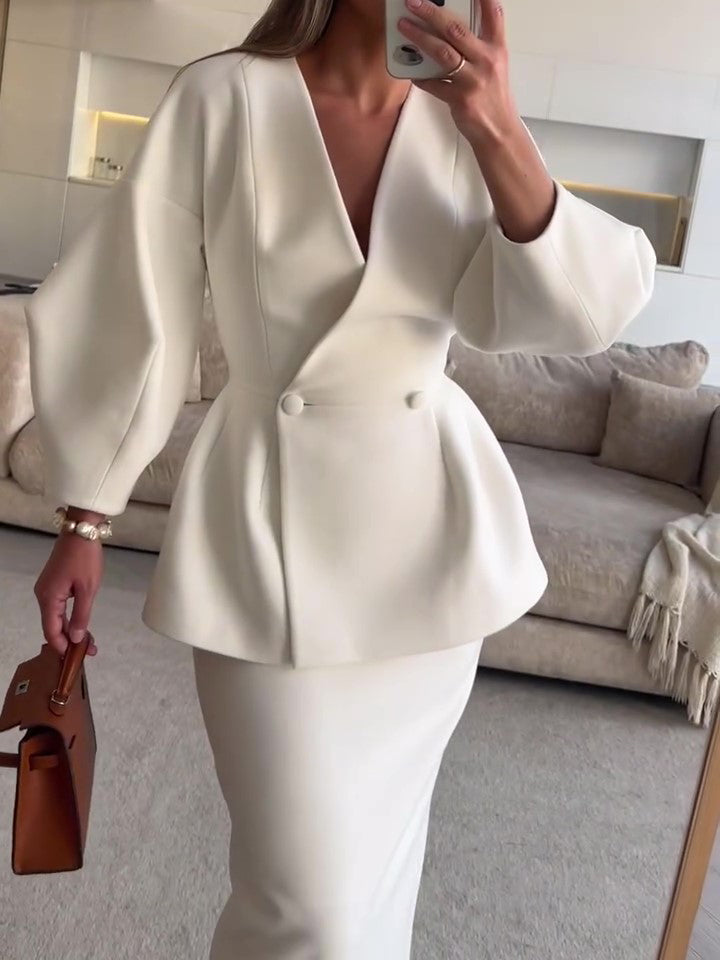 White Ruffle V-Neck Coat & Maxi Skirt Set – product image 1