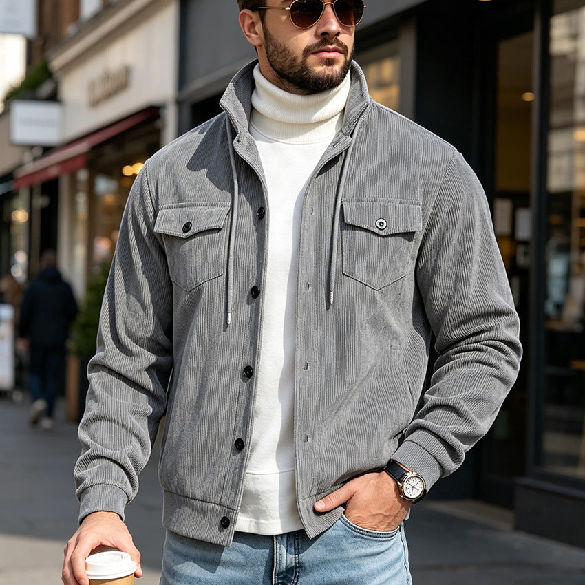 Men's gray corduroy jacket with button-front and flap chest pockets, long sleeves