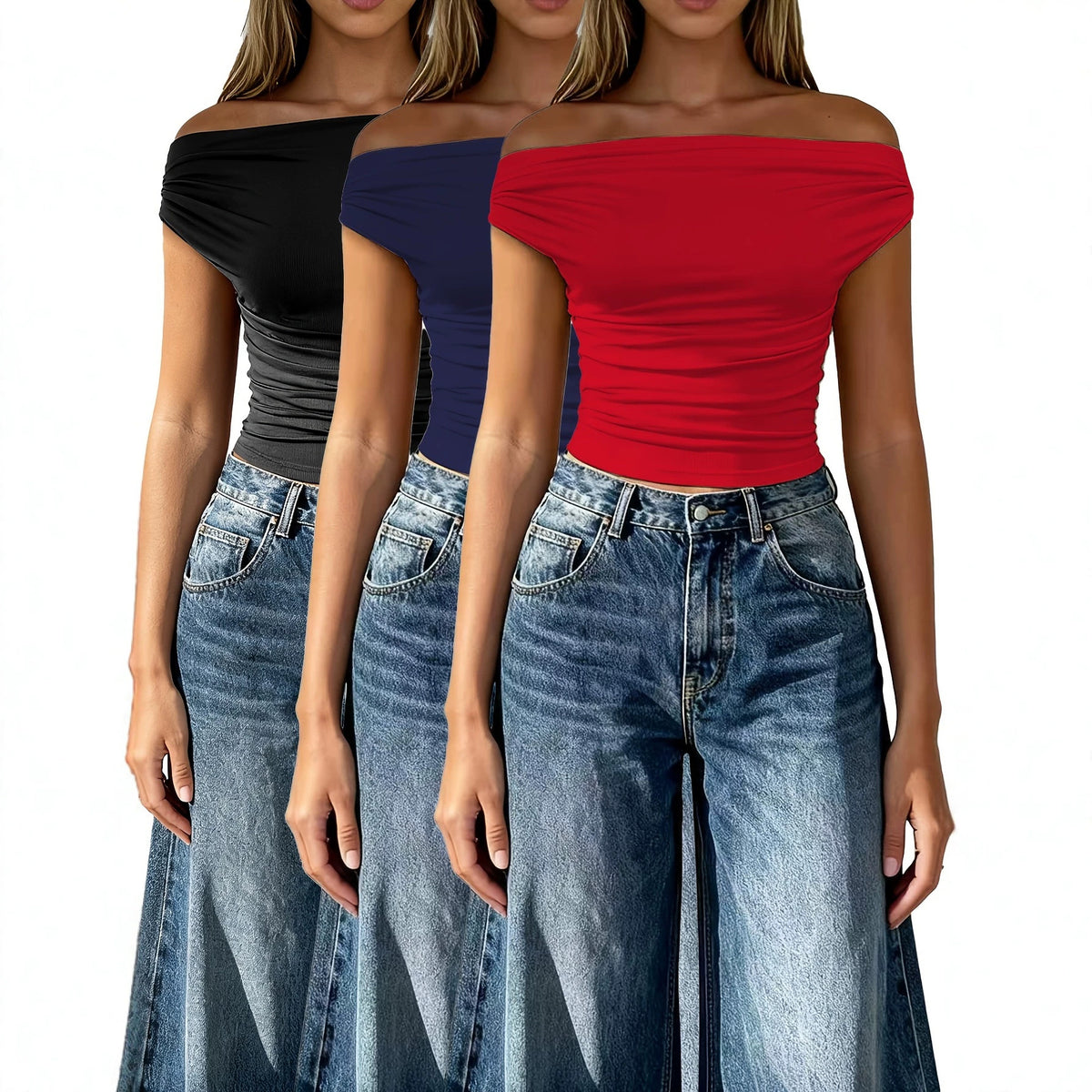 Set of off-shoulder T-shirts in black, navy, and red, gathered fit