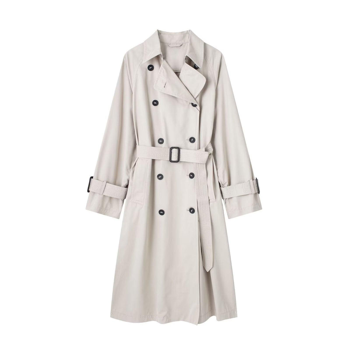 Women's long trench coat, beige double-breasted with belted waist strap and epaulets