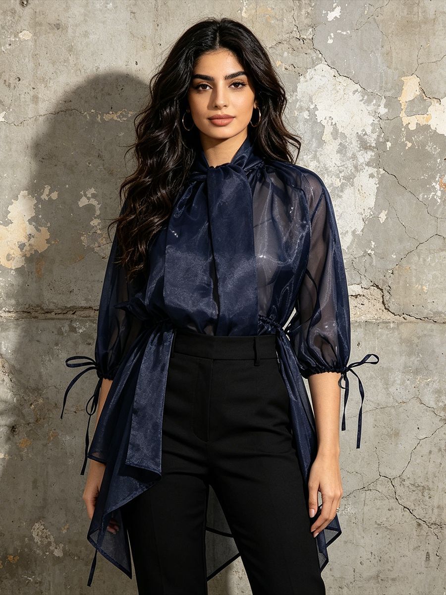 Women's Navy Organza Bow-Neck Sheer Long-Sleeve Blouse