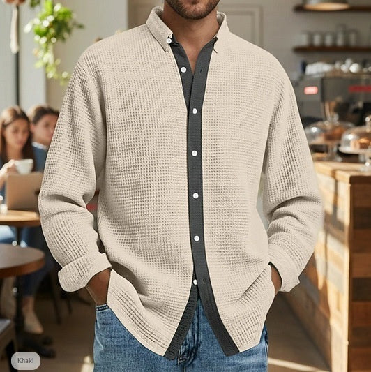 Men's waffle-weave long-sleeve cardigan shirt, khaki, button-front collar