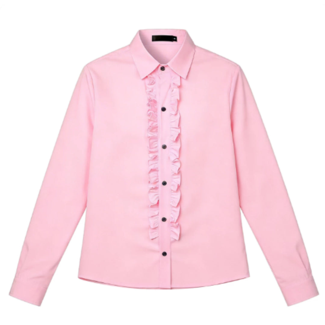 Men’s pink long-sleeve button-up shirt with ruffle trim down the front