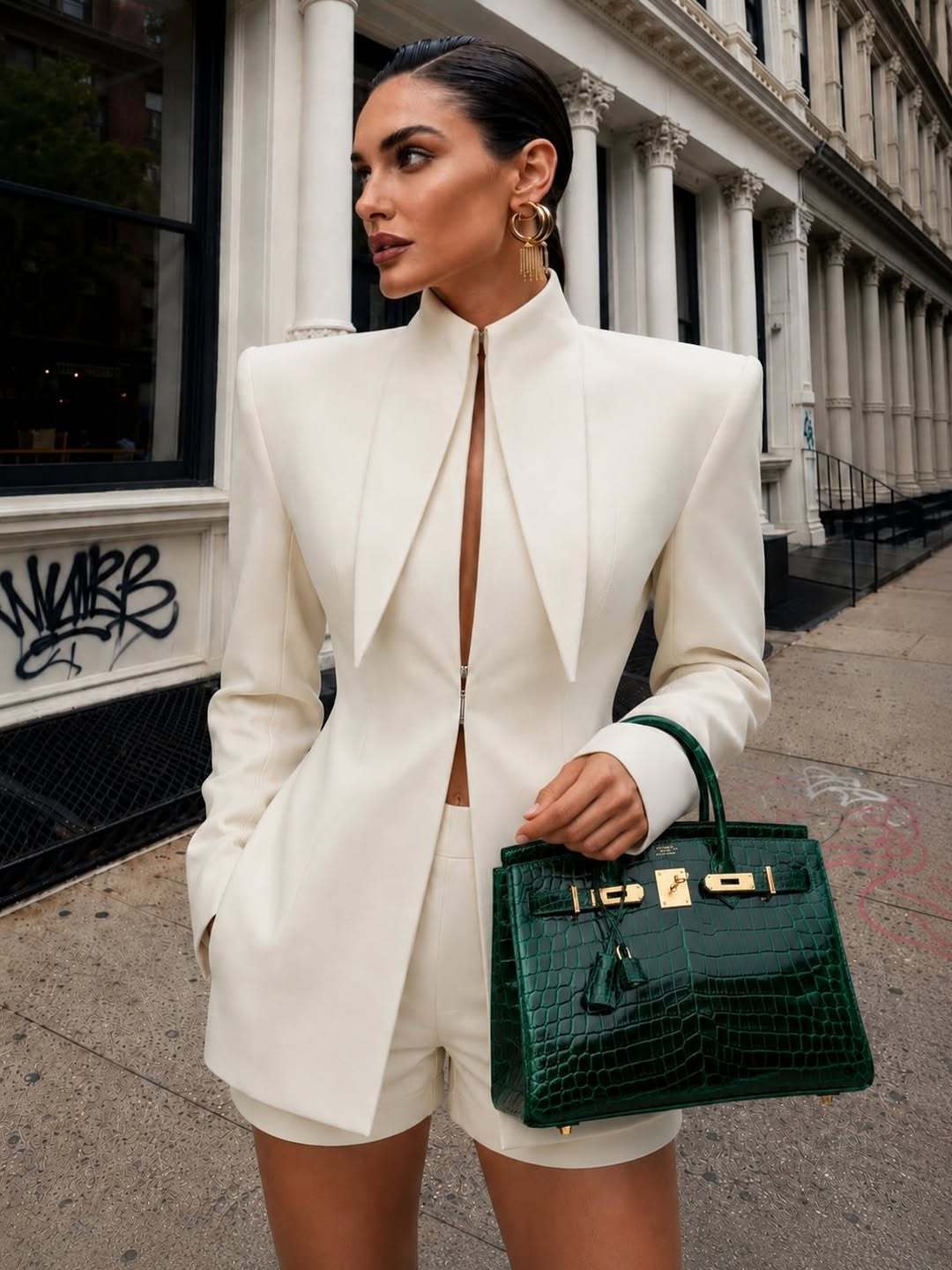 White pointed-collar fitted peplum blazer with long sleeves and front zip detail