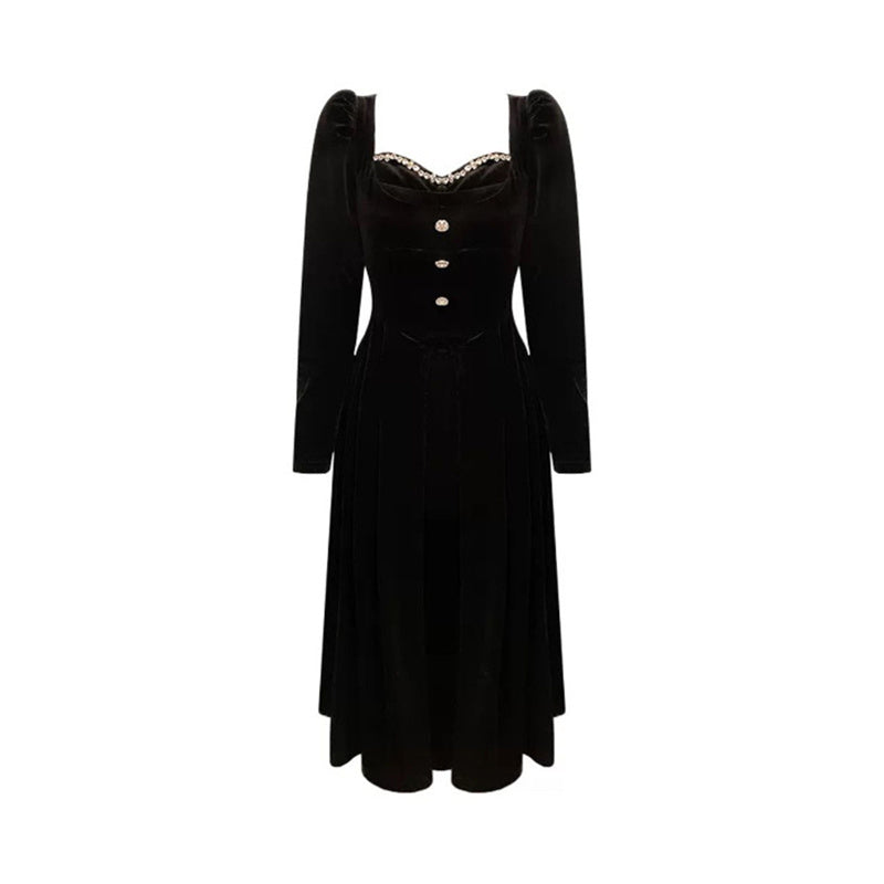 Velvet Dress Slim Fit Slimming French Gold Long Sleeve Dress - WOMONA.COM