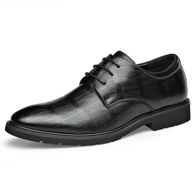 Men's black leather lace-up formal shoes, single shoe side view, textured upper and thick sole.
