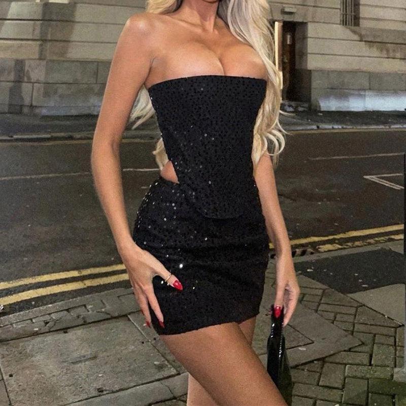 Black sequin strapless tube top and mini skirt set, fitted waist and bust panel