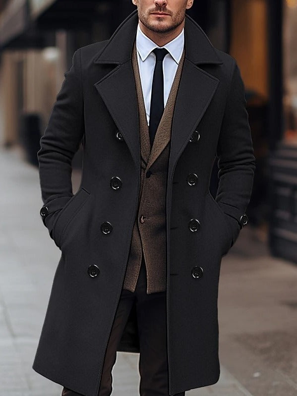 Fall Winter Men Woolen Coat Double Breasted Long - WOMONA.COM