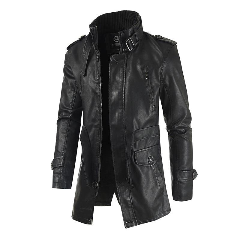 Men's mid-length dark leather coat front view with stand collar and flap pocket sleeves