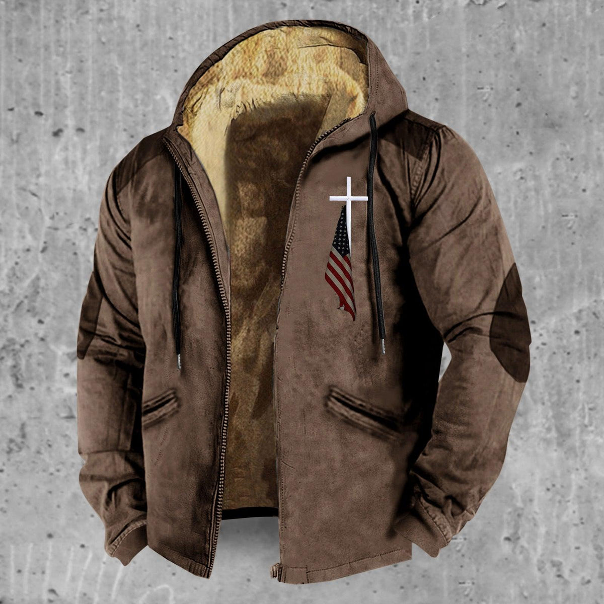 Dark brown hooded zipped padded cotton jacket with tan fleece lining and flap pockets
