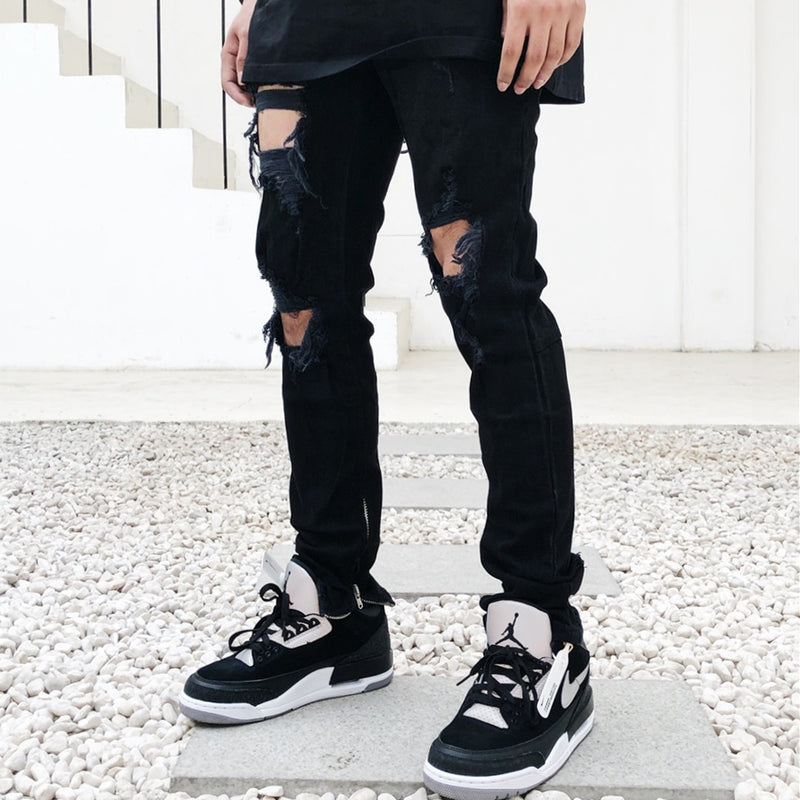 High Street Style Black Torn Jeans For Men - WOMONA.COM