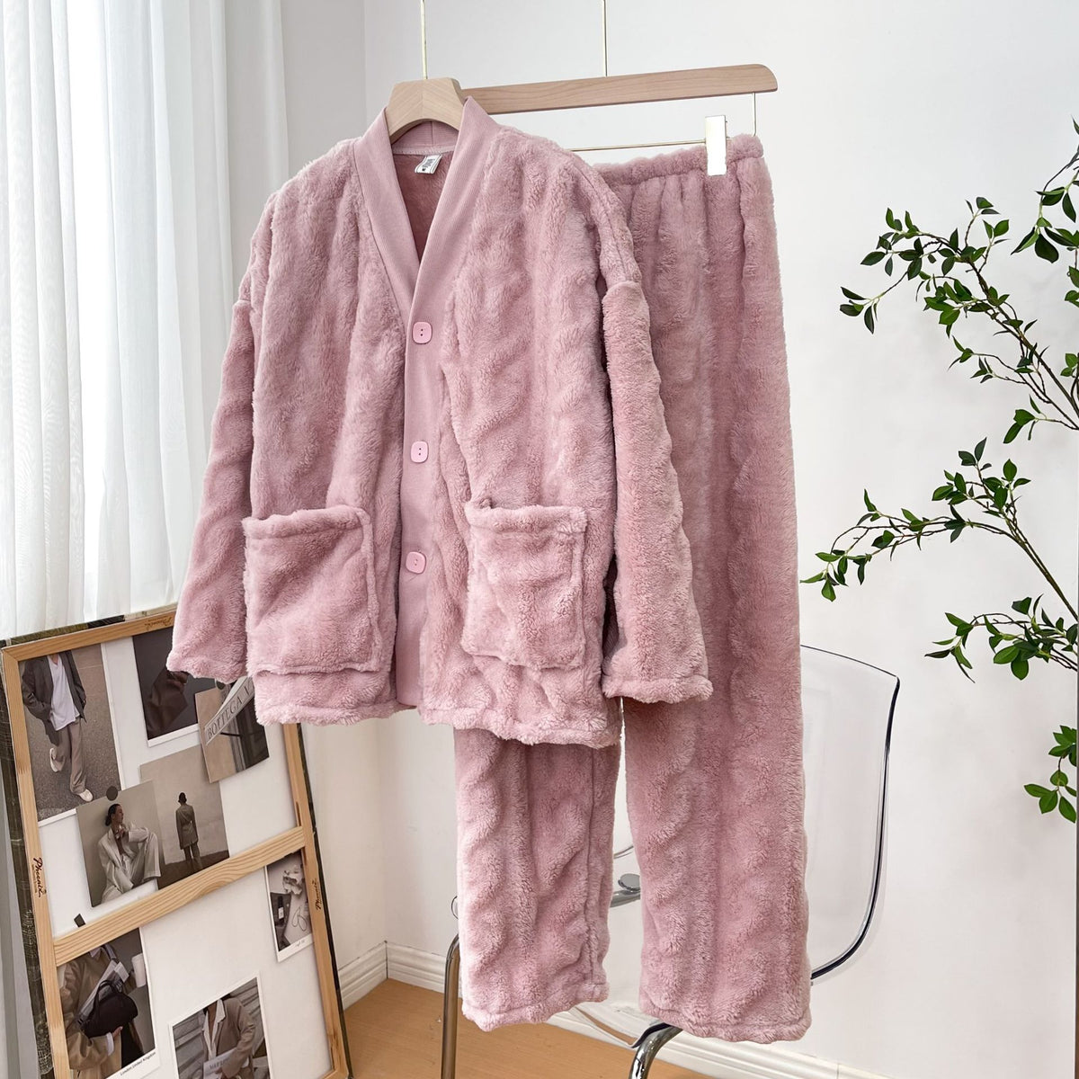 Women's warm flannel shirt and pants pajama set