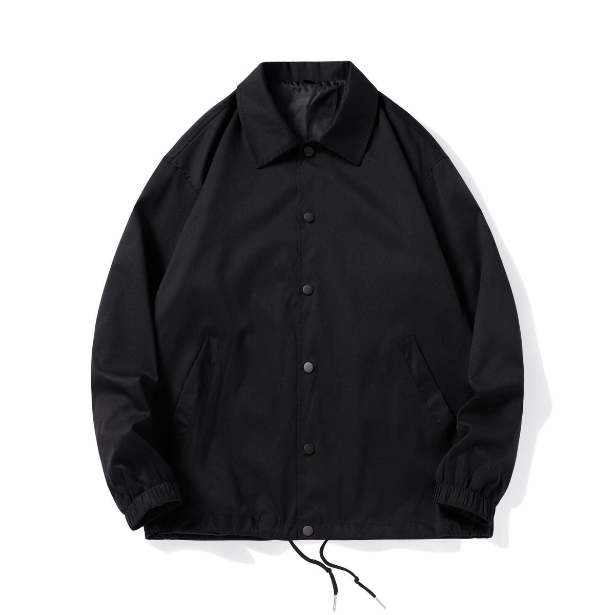 Black polo-collar jacket with button front, side pockets, and elastic cuffs