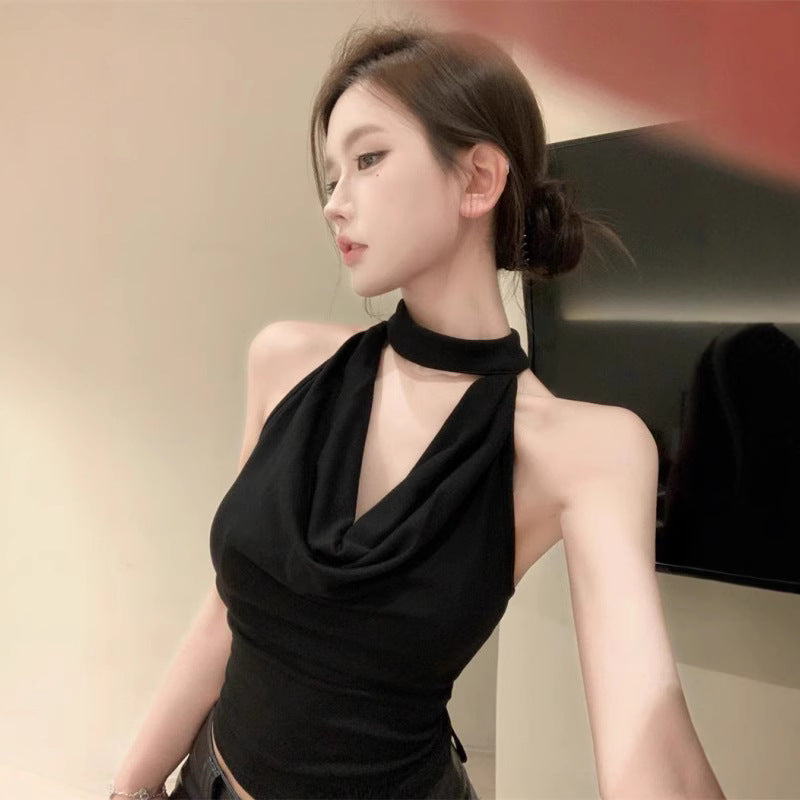 Black halter scoop-neck draped vest with cowl neckline and sleeveless cut