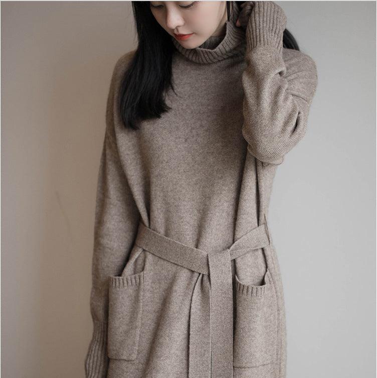Women's knit turtleneck sweater, oatmeal, long sleeves with belted waist and patch pockets