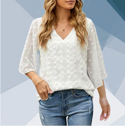 V-neck Three-quarter Sleeves Dotted Chiffon Shirt Blouse Women - WOMONA.COM