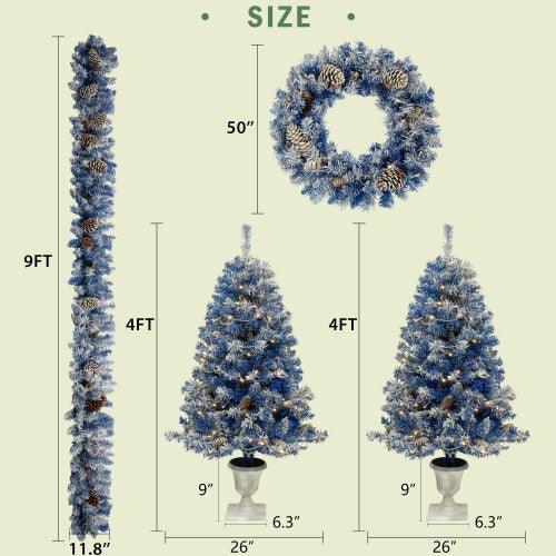 Blue artificial Christmas tree set with garland, wreath and two tabletop trees