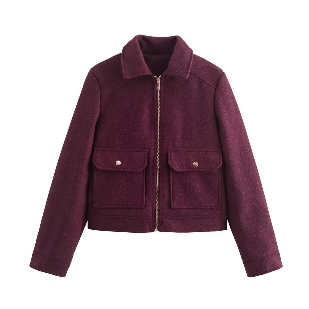 Women's Lapel Woolen Pocket Zipper Coat - WOMONA.COM