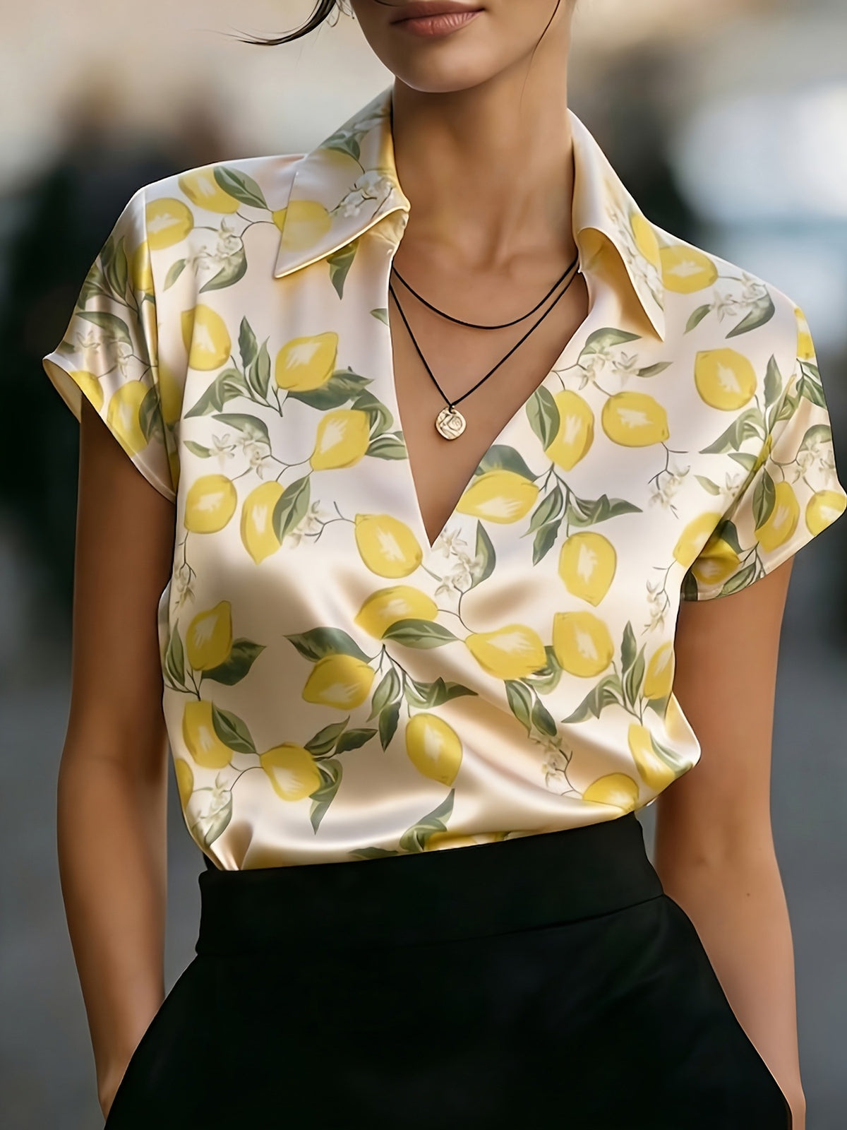 Yellow lemon satin V-neck short-sleeve blouse with leaf pattern