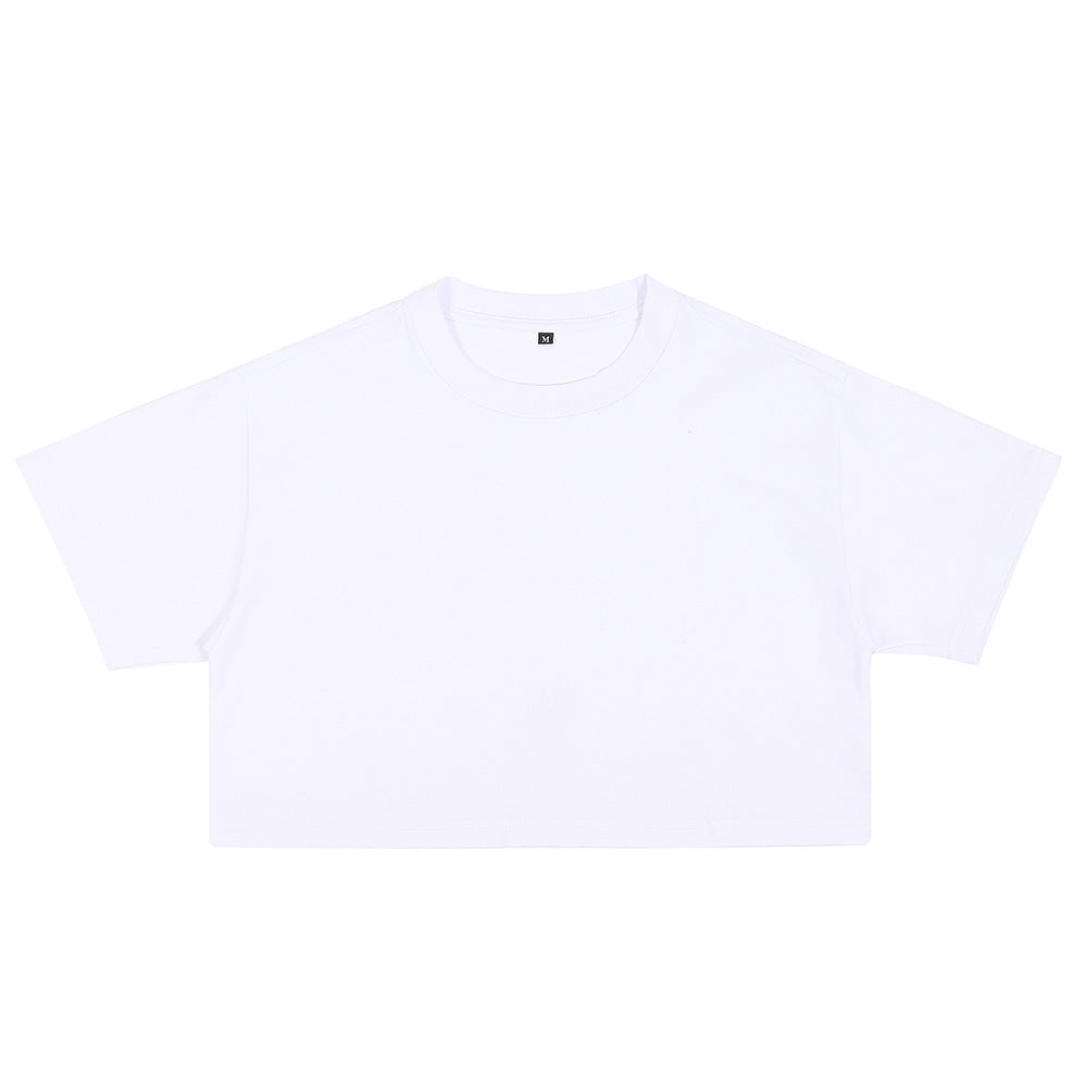 White loose crop T-shirt with short sleeves and round crew neck