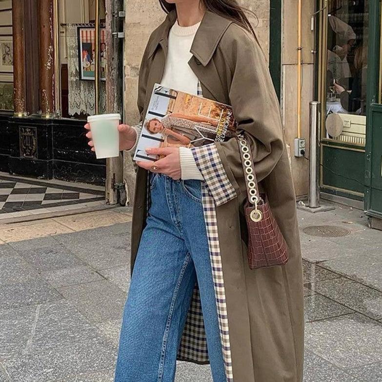 Khaki green long button trench coat with notch collar and long sleeves