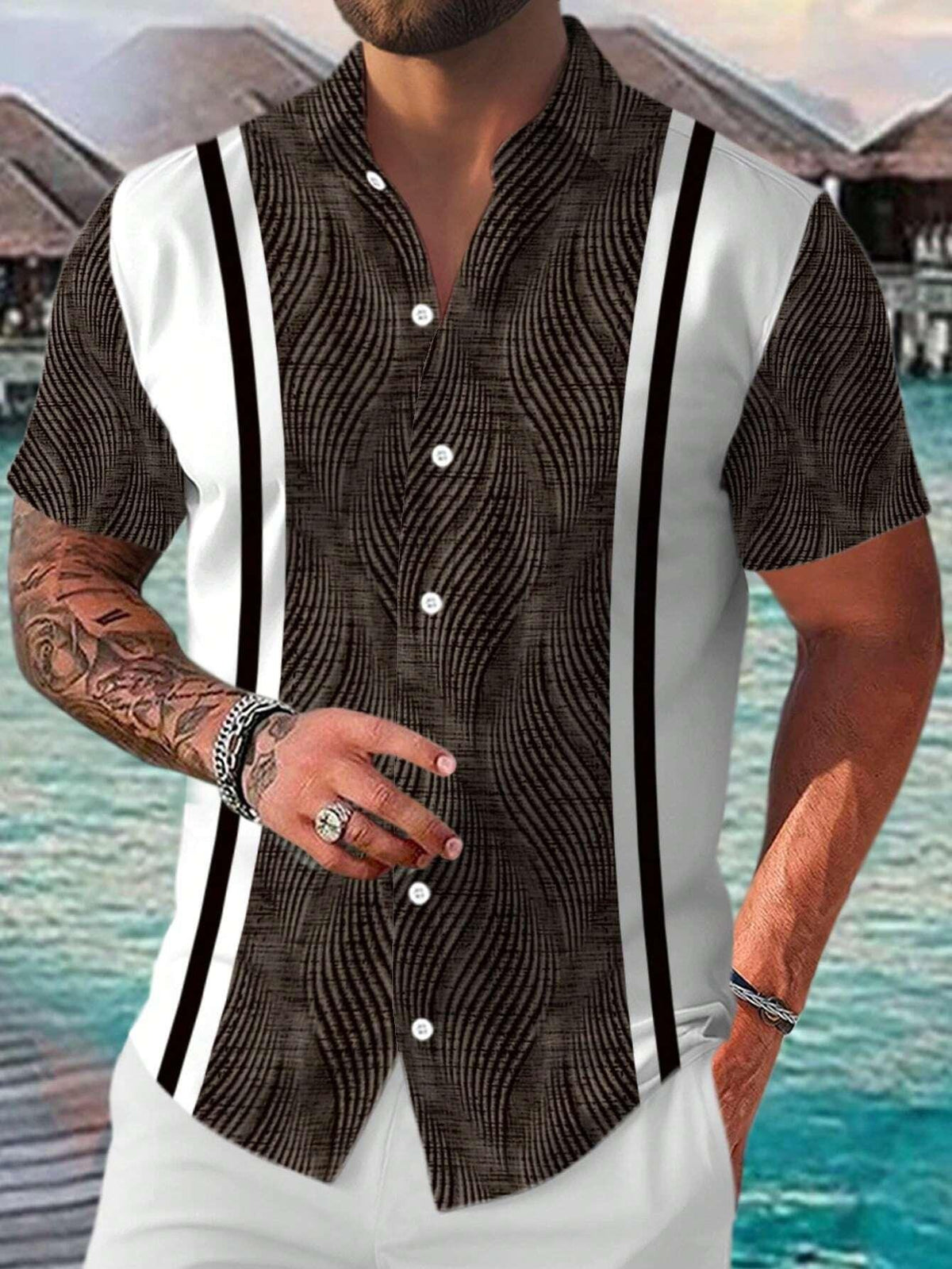 Black short-sleeve button-up shirt with white vertical stripes and subtle textured pattern.