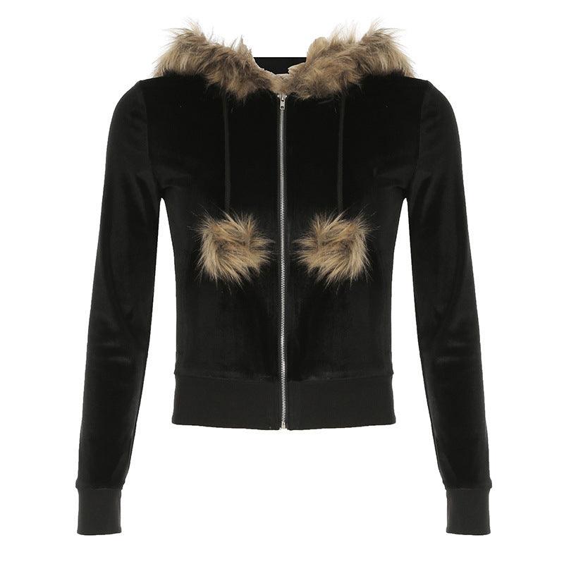 Black velvet hooded coat with faux-fur panel detailing and center zipper, back view