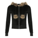 American Style Furry Hooded Velvet Coat For Women