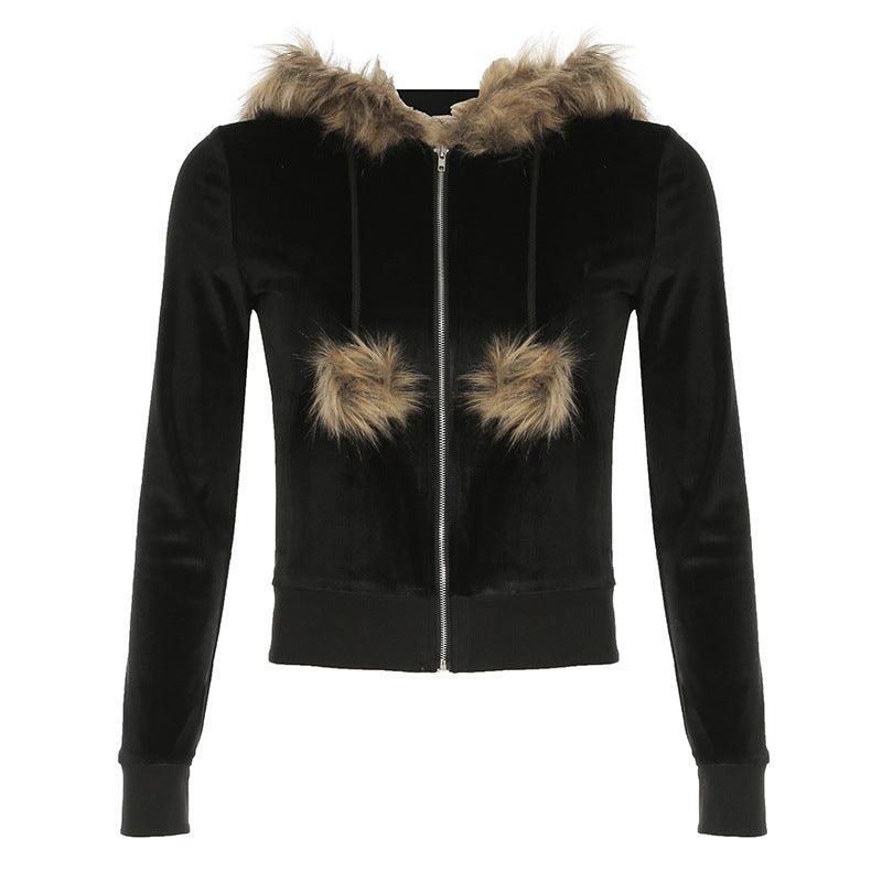 American Style Furry Hooded Velvet Coat For Women